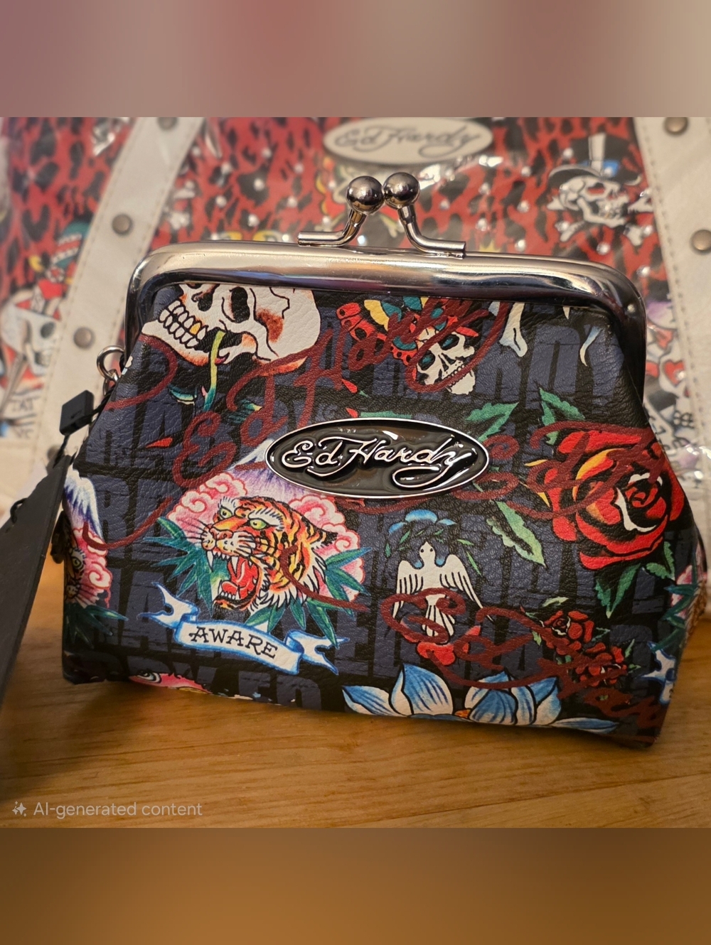 Ed Hardy Multicolor Tattoo-Print Clutch with Logo Plaque